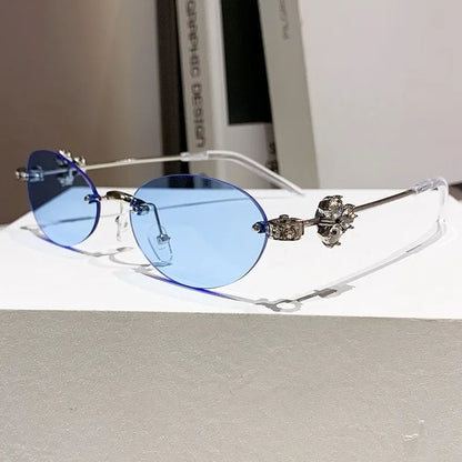 Women's Fashion Glasses Exquisite Diamond Decoration Sunglasses Oval Shaped Frame Cut Edge Frameless Small Outdoor Sun Glasses