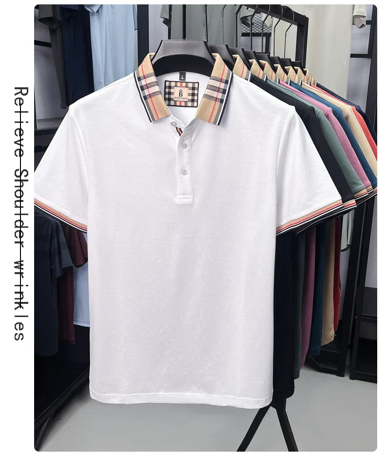 Fashion brand luxury short sleeve polo shirt men summer quality silky cotton breathable business casual striped collar T-shirt