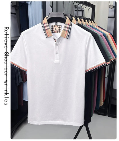 Fashion brand luxury short sleeve polo shirt men summer quality silky cotton breathable business casual striped collar T-shirt