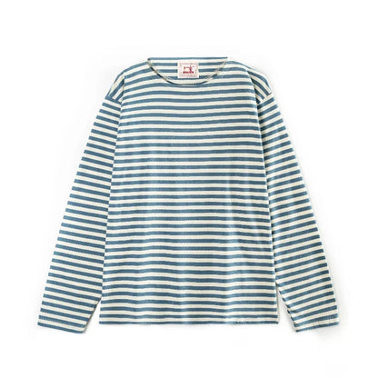 Men Loose Fit One Shoulder Sea Soul Long Sleeve T Shirt Blue White Breton Striped 100% Cotton Versatile Casual Tops