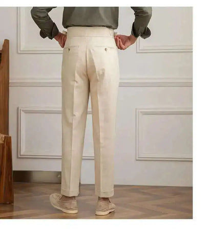 Linen Cotton High Waist Straight Casual Pants Men Versatile Naples Gentleman Pleated Pants High Quality Italian Dress Trousers