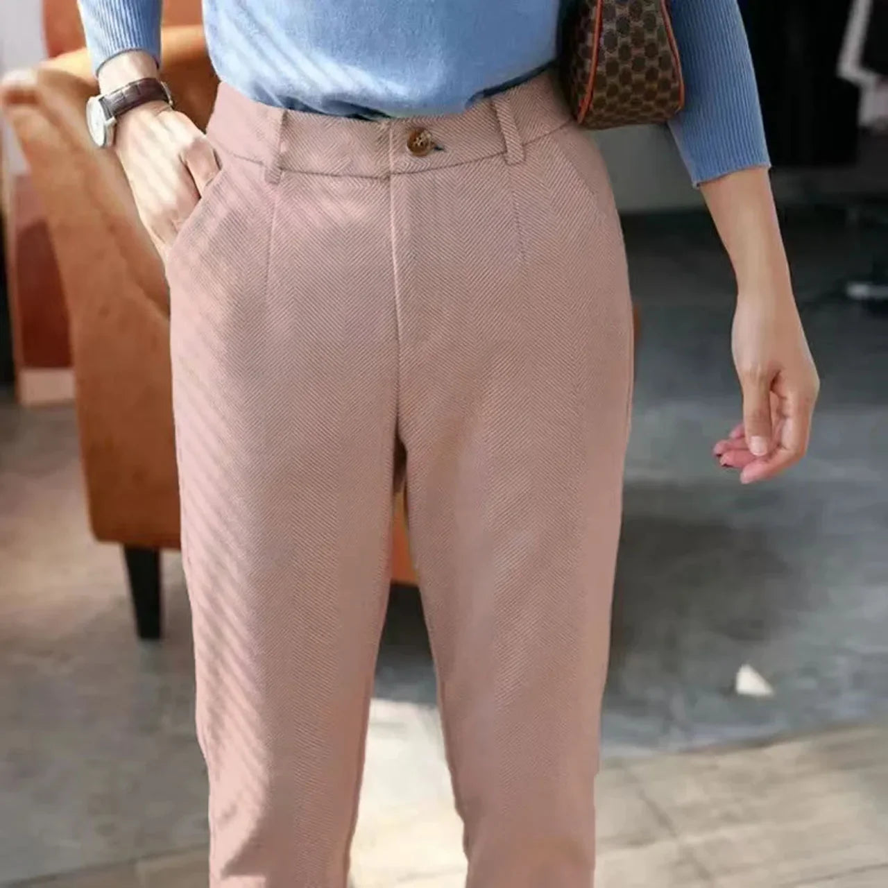 Italian Vintage Suit Pant For Men Autumn Winter Wool Herringbone Pattern Straight Trousers British Style Business Casual Pants