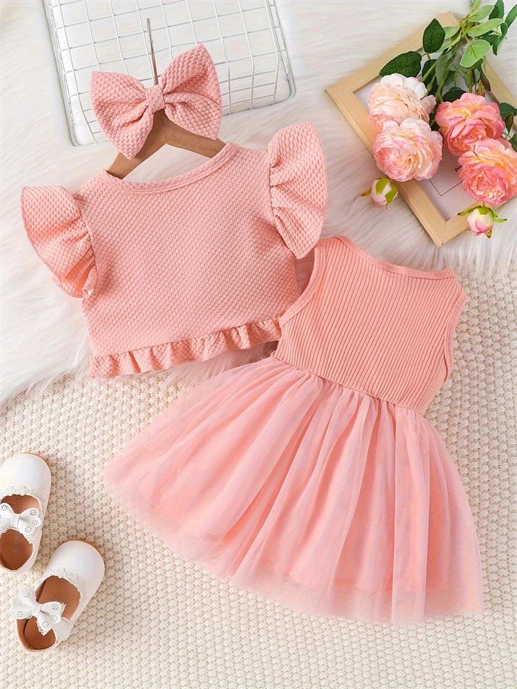 Newborn 2024 Baby Girls Dress Summer Waist Flower Vest Sleeveless Short Top Sweet Girl Lace Mesh Dress