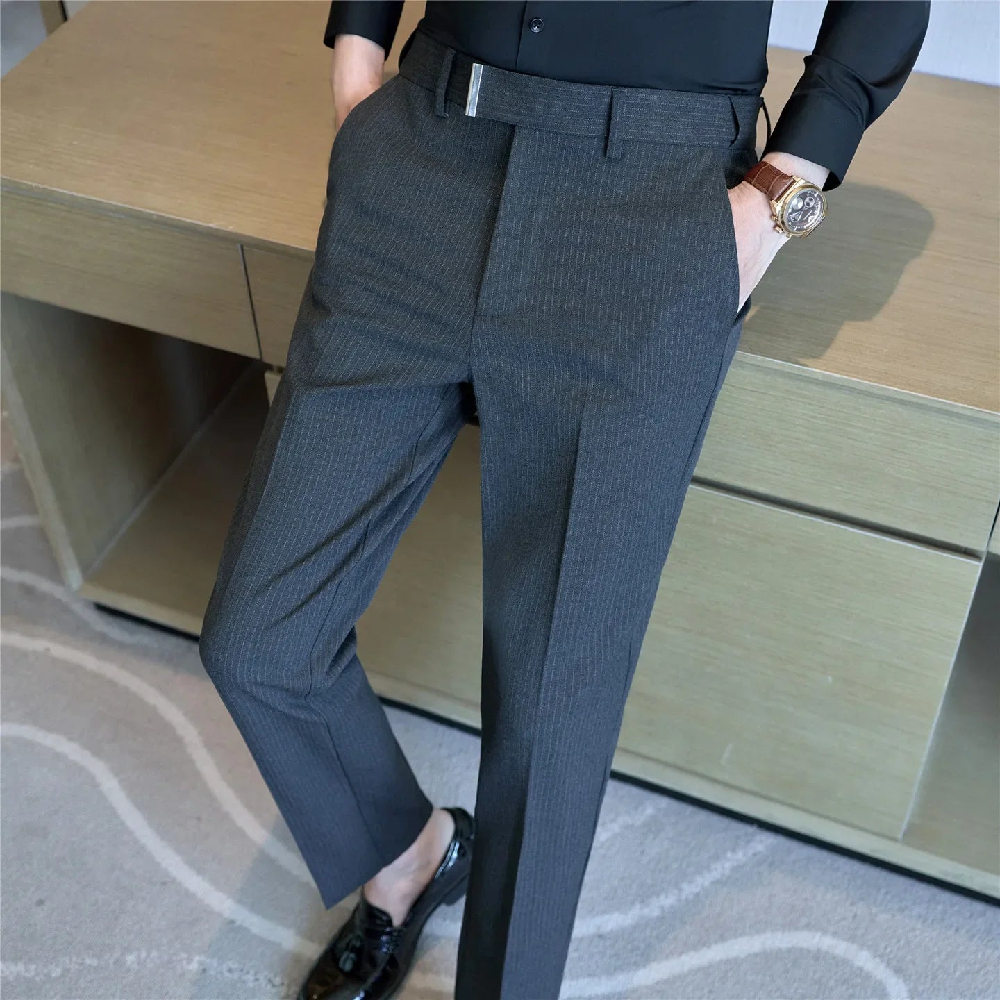 High Quality Hidden Elastic Waistband Metal Decorative Design Casual Pants Fashion Striped Slim Fit Office Social Men's Trousers