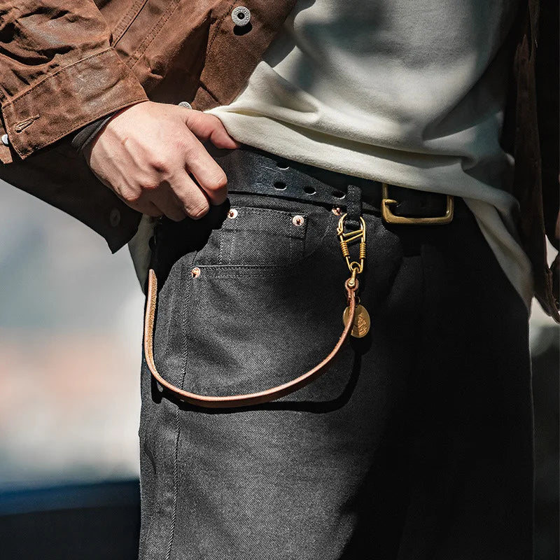 Men's Vintage 12.8oz Black Washed Denim Jeans Mid Rise Straight Classic Casual Zip Fly Pants for Autumn Versatile Trousers