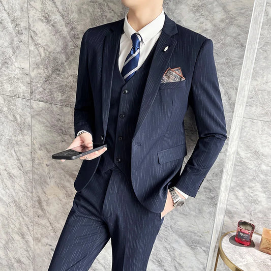 ( Blazer + Vest + Pants ) High-end Formal Casual Business Striped Fashion Men's 3 Piece Suit Groom Wedding Dress Suit