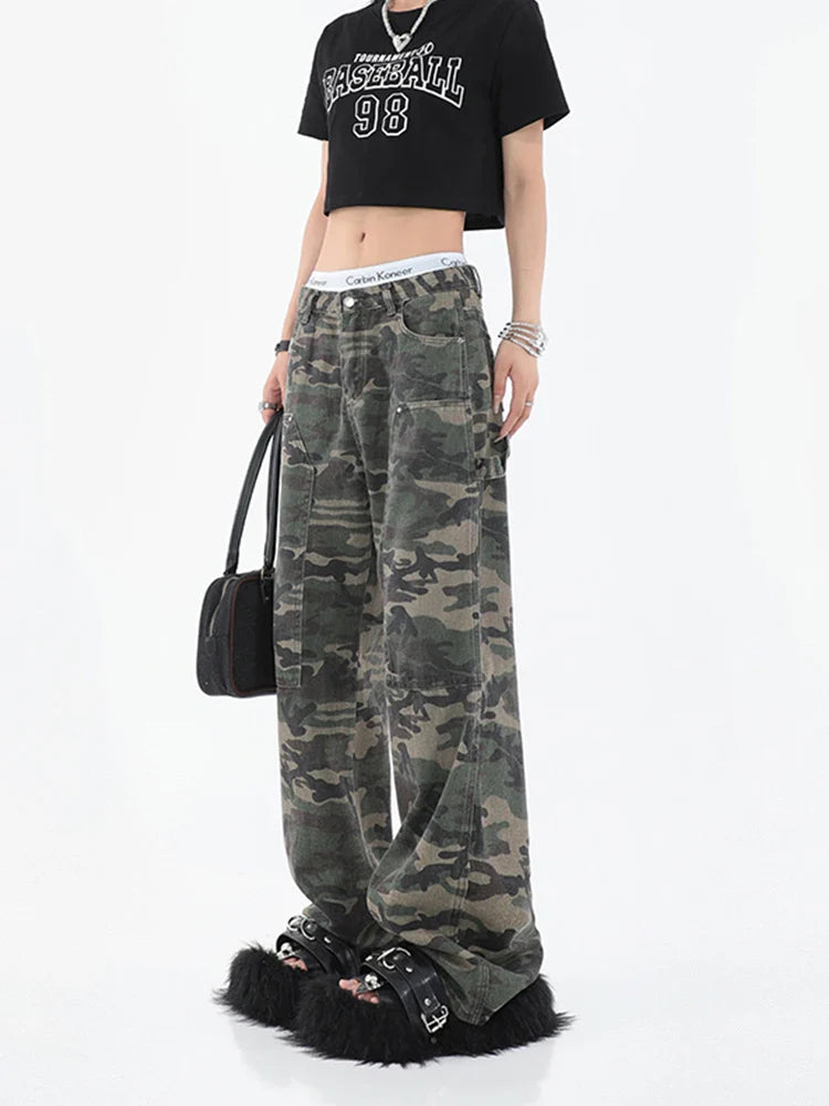 2025 Women Fashion Camouflage Jeans Loose High Waist Cargo Pants Straight Jeans Baggy Pants Casual Denim Trousers Feamle Y2k