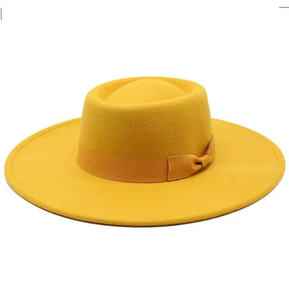 9.5cm Brim Round Top Hat Solid Color Fedoras Bow Flat Top Boater Style Panama Hats for Women Men Party Wedding Church Felt Caps