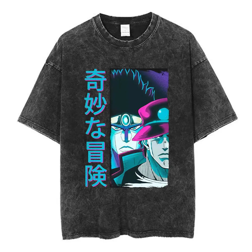 Anime Jojo Bizarre Adventure Washed T-shirt STEEL BALL RUN Diego Brando Manga T-shirts Men Women Cotton Casual Oversized T shirt