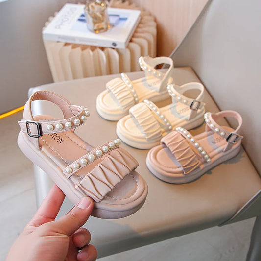 Girls Sandals Kids Summer Shoes Children's Beach Sandals with Pearls Princess Sweet Anti-slippery Open Toes Lace Chic Beading