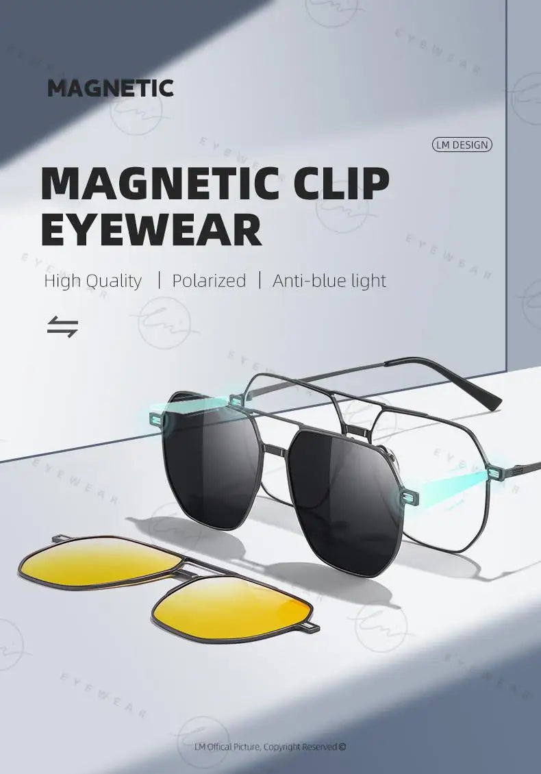 Top Brand Design Sunglasses Men Polarized 3 In 1 Magnetic Clip On Glasses Women Hexagon Night Vision Anti-Blue Light Eyeglass