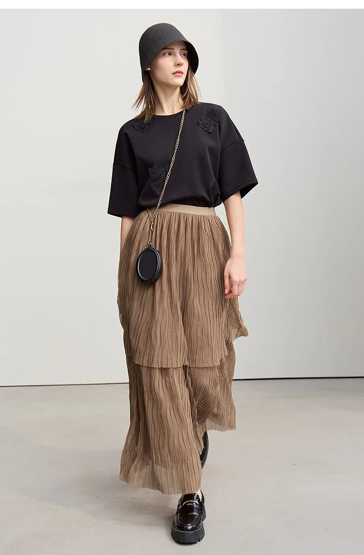 Long Skirt 2026 Spring New Casual Vacation Waist Pleated Mesh Long Skirt Women Loose Solid Versatile Woman Clothes 12621001
