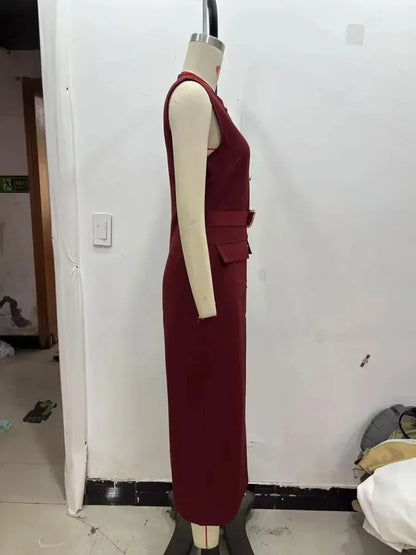 Female Summer Elegant Midi Dress O-Neck Hem Slit With Belt Sleeveless Single Breasted Back Zipper Fashion Long Dress