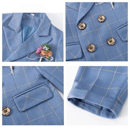Blue Plaid Party Tuxedo 2 Pieces Blazer Pants With Bow-tie For Kids,Double Breasted Boys Suit Set Wedding Clothes
