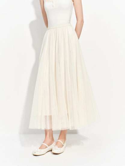 Women's Versatile Elastic Waist Mesh Midi Skirt Summer 2026 New Style Fairy Princess Banquet Wedding Bridesmaid Dress