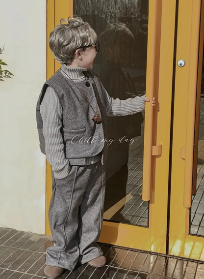 Children's Winter Thick 3pcs Set 2026 New Kids Boys & Girls Fashionable High Collar Sweater + Padding Vest + Velvet Pants 2-10Y