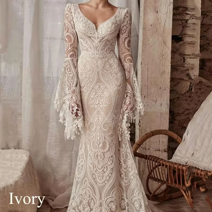 2026 Boho Mermaid Wedding Dresses Long Sleeve Pleat Sexy Lace Illusion Bridal Gown V-Neck Backless Zipper Sweep Train Customized