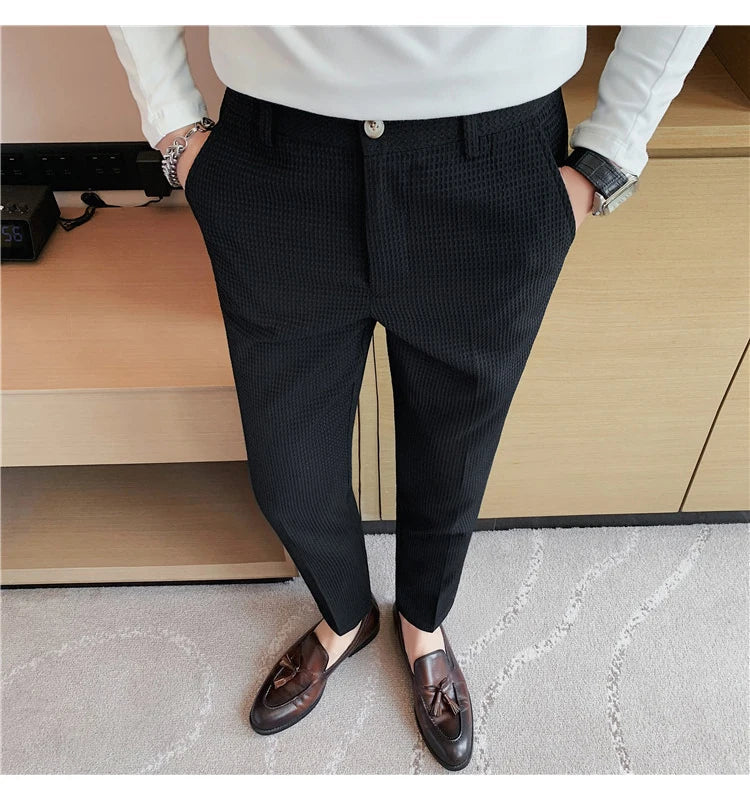 2024 Autumn New Waffle Stretch Waist Business Formal Pants Men Fashion Wedding Slim Trouser Mens Brand Social Party Suit Pants