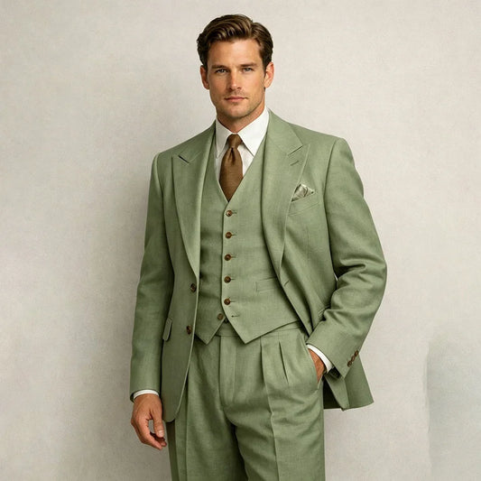 Sage Green Linen Wedding Suits for Men 3 Pieces Summer Men Suits with Vest Slim Fit Groom Tuxedo Blazer Trousers Set 2026