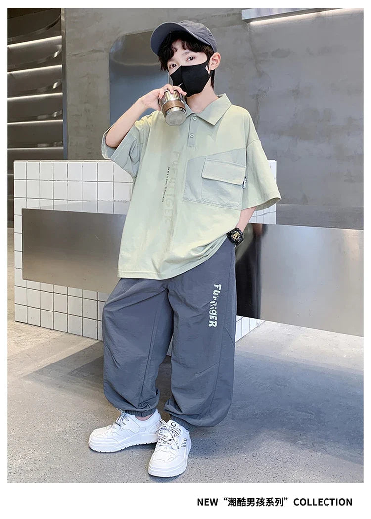 School Boys Fashion Summer Top And Bottom Clothes Set Polo Shirt + Pants 2 Pieces Clothing Suit Kids Children Casual Tracksuit