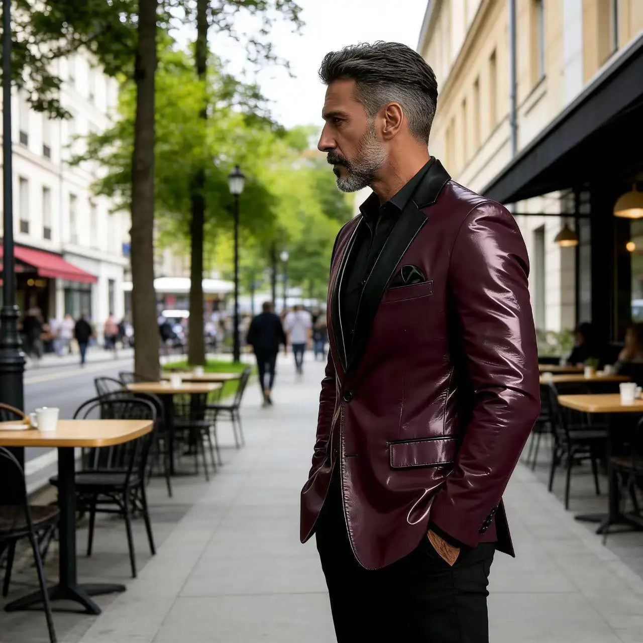 Men's Shiny Patent Leather Blazer Contrast Notch Lapel Two Button Suit Jacket Luxury Casual Business Formal Coat Party Wedding