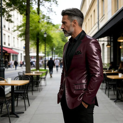 Men's Shiny Patent Leather Blazer Contrast Notch Lapel Two Button Suit Jacket Luxury Casual Business Formal Coat Party Wedding