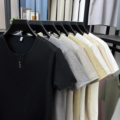 2026 New Men's Business Casual Three Button V-neck Short Sleeved T-shirt Korean Style Summer Comfortable Versatile Top