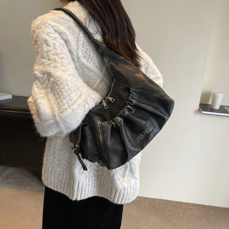 Retro Leather Shoulder Bags for Women 2025 Spring Vintage Underarm Bag Handbags and Purses Latest Fashion Hand Bag