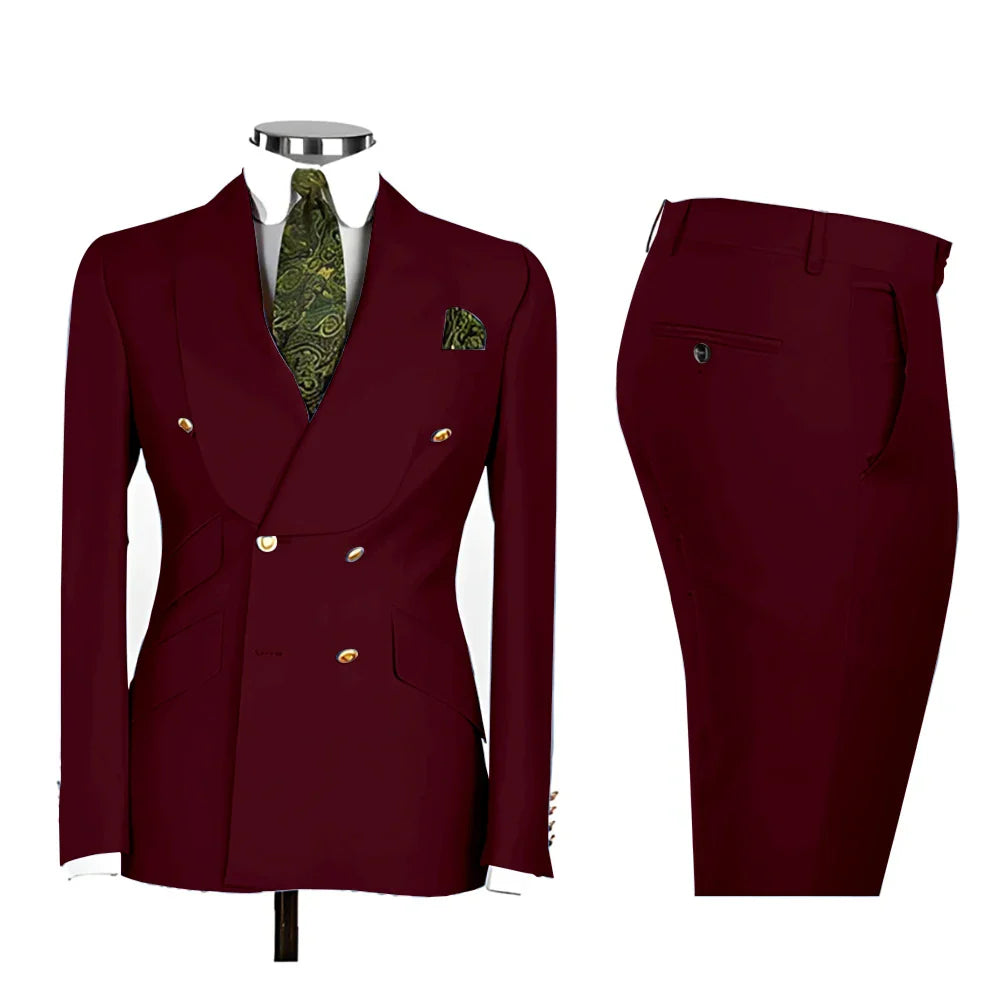 Lvory Shawl Lapel 2 Piece Suit Double Breasted Men's Jacket Pants with Gold Buttons Formal Wedding Groom Attire Prom Tuxedos