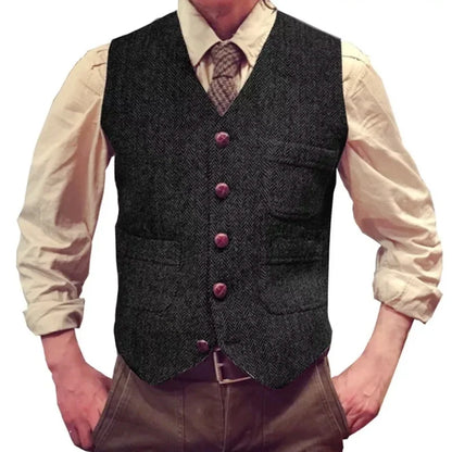 Herringbone Men Vest Dark Green Tweed Slim Casual Business Waistcoat For Wedding Party Banquet Work Prom Set Men Suit