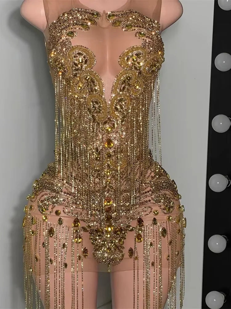 Sexy Gold Crystals Short Prom Dress Luxury For Black Girsl Diamonds Beads Tassels Homecoming Gown Birthday Dress Customized 