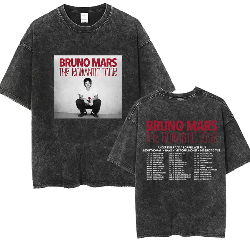 Bruno Mars The Romantic Tour 2026 Vintage Washed T Shirts Men's Women Punk Gothic Fashion Cotton Short Sleeve T-Shirt Streetwear