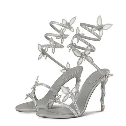 Luxury Designer Pink Flower Rhinestone High Heels Sandals Shoe Sexy Wrap Strap Open Toe Stripper Prom Party Ladies Shoes