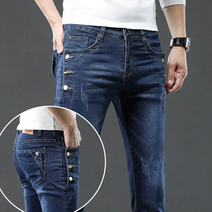 New Men Slim Korean Button Jeans Black Skinny Solid Color Stretch Multi-button Youth Male Denim Pants Streetwear