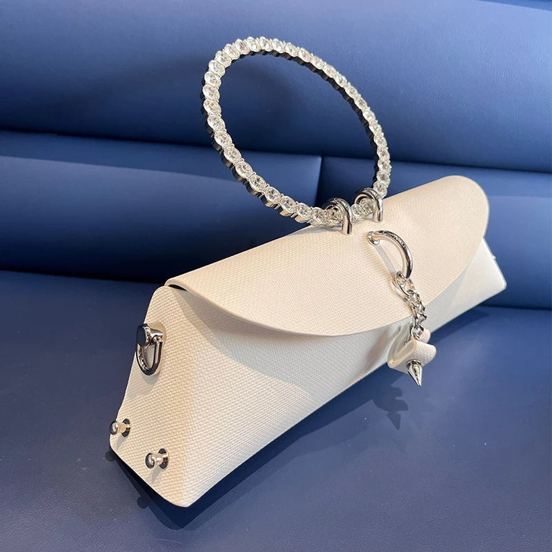 Clutch Bag Luxury Designer Handbag for Women 2025 with Chain Metal Ring Handle PU Leather Rhinestones Purses Shoulder Bag