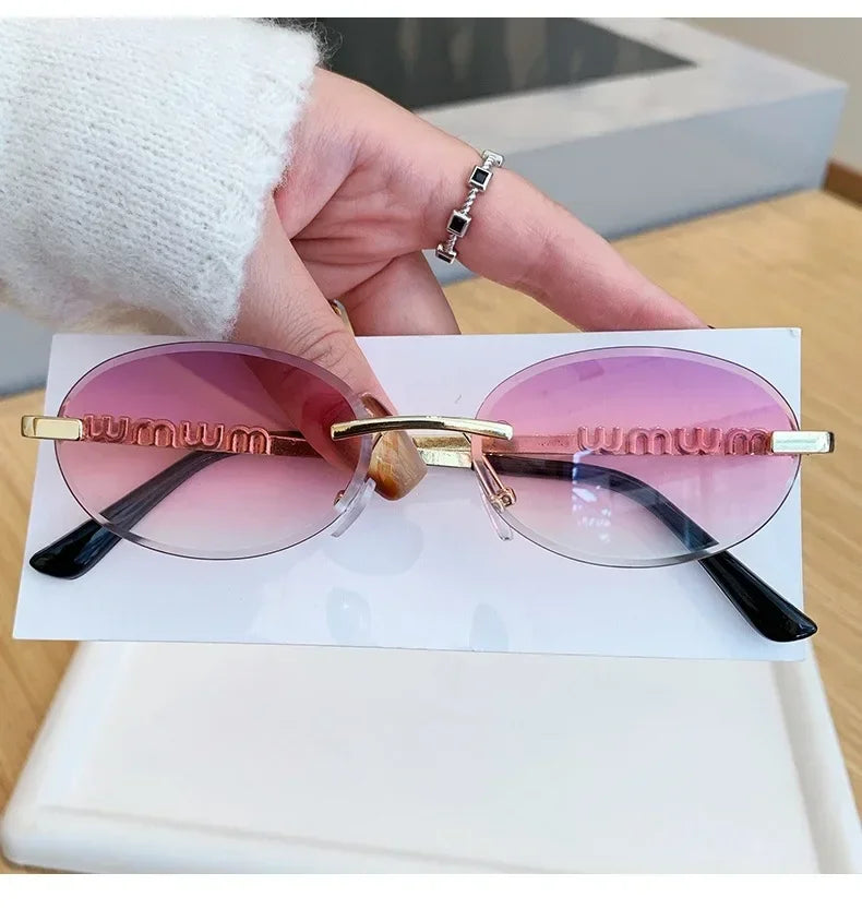 New Oval Rimless Sunglasses Women Luxury Fashion Narrow Sun Glasses Shades Trendy Elegant Diamond Eyewear Lentes De Sol Mujer