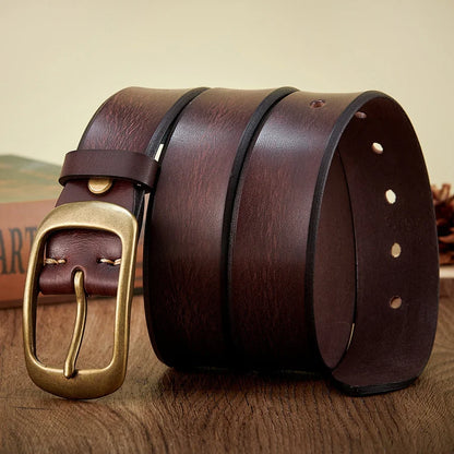 3.8 CM High Quality Pure Cowhide Thick Real Genuine Leather Men's Fashion Brass Buckle Belts Luxury Brand Jeans Belts for Men