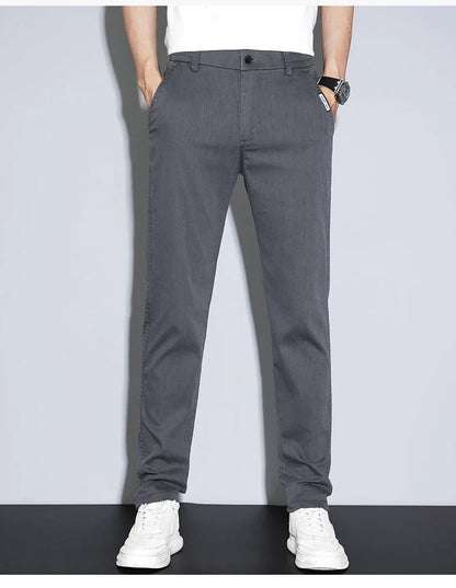 Spring Summer Thin Men's Slim Straight Casual Pants Fashion Korean Solid Color Elastic Comfortable Business Gray Trousers