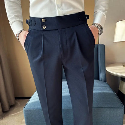 British Style Naples Solid Color High Waist Suit Pants High Quality Men Formal Business Social Party Wedding Casual Trousers