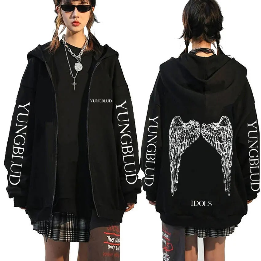 Singer Yungblud Black Hearts Club Zipper Hoodie Male Fleece Cotton Zip Up Hoodies Men Women Rock Vintage Oversized Zip Up Jacket