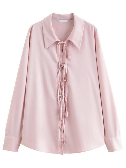 Autumn 2025 Women's French Inspired Blouse - Ruffle Trim Tie Front Loose Fit Shirt Collar Top Soft Blend Daily Wear
