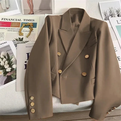 High-Quality Double Breasted Crop Blazer Women Korean Solid Long Sleeve Suit Coat Office Ladies Elegant Short Jacket Female Coat