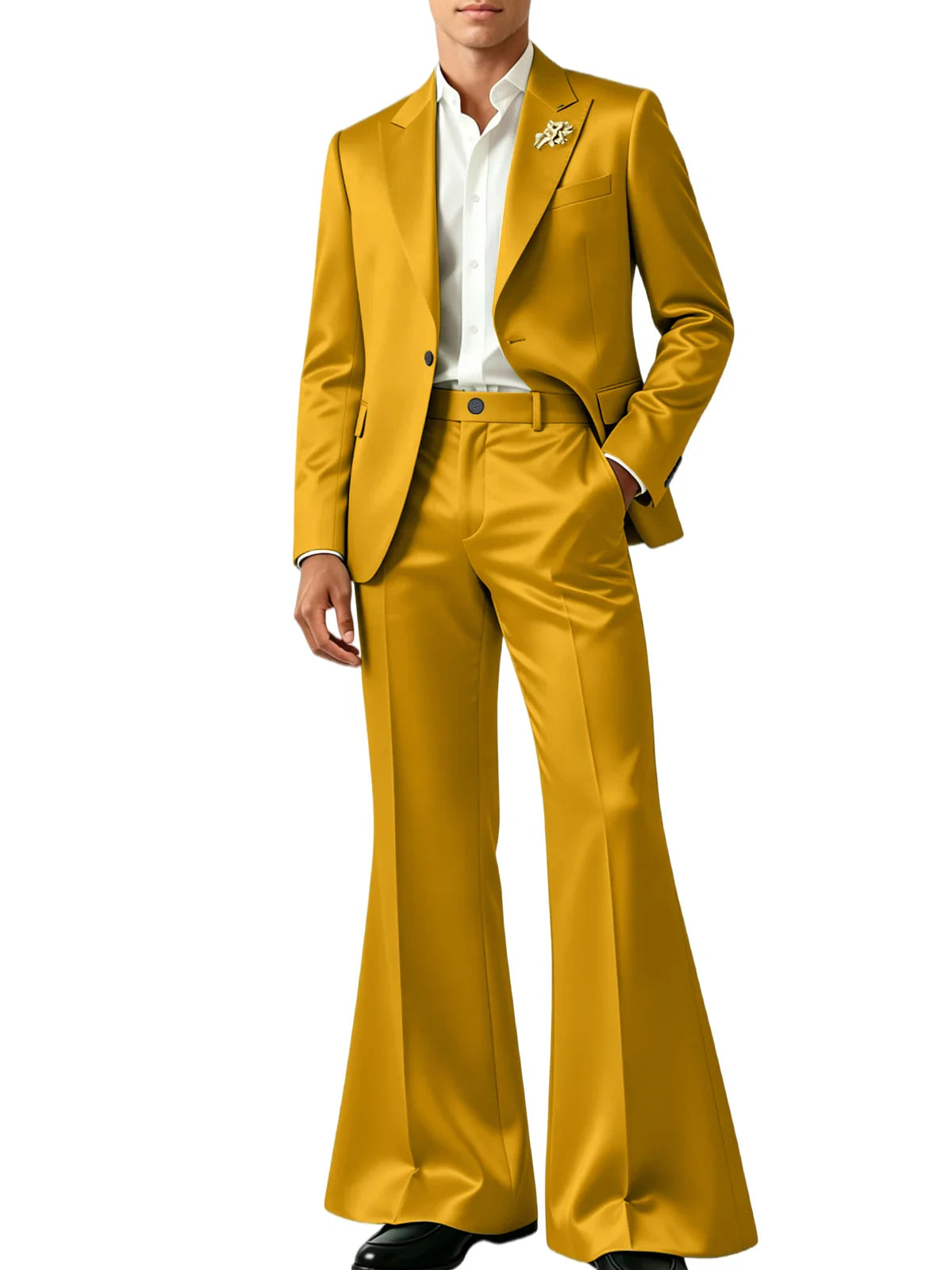 Luxury Men's Shiny Satin Suit 2 Piece Notch Lapel 1 button Jacket Wide Leg Flared Pants Wedding Groom Tuxedo Formal Party