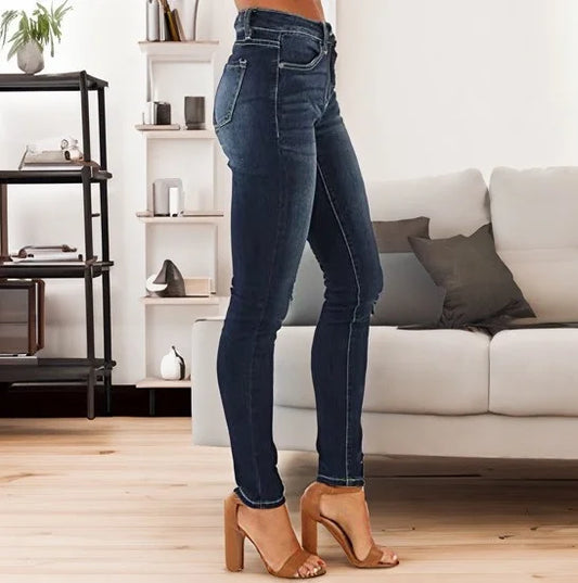 Women's Fashionable Elegant Casual Versatile Washed Cat's Whisker Pattern Skinny Fit Denim Jeans for Daily Wear