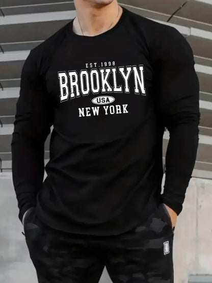 Men's 100% pure cotton loose and comfortable casual sports Brooklyn letter printed round neck long sleeved T-shirt top