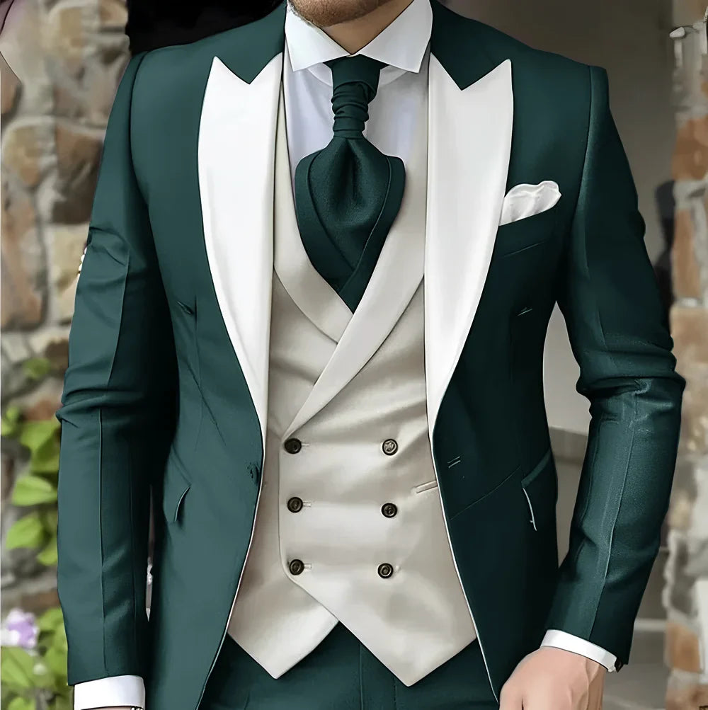 Men's Elegant Peak Lapel Tuxedo 3-Piece Suit with Blazer Vest Formal Men's Suit for Business Prom Business Dinner