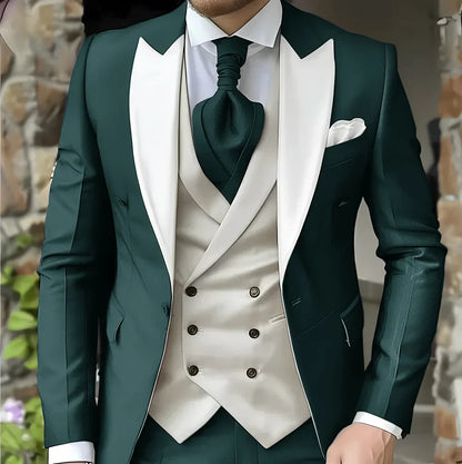 Men's Elegant Peak Lapel Tuxedo 3-Piece Suit with Blazer Vest Formal Men's Suit for Business Prom Business Dinner