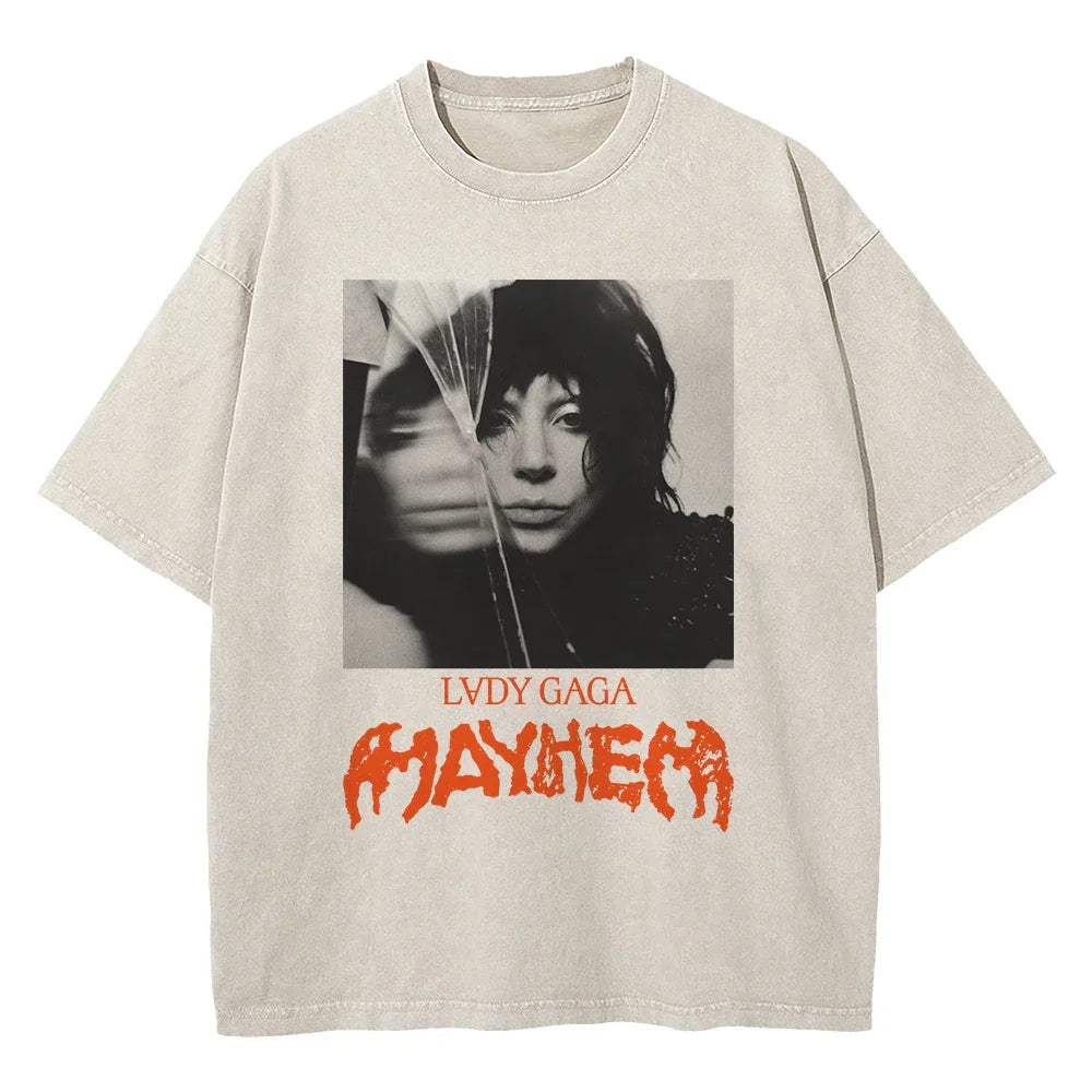 Vintage Washed Lady Gaga The Mayhem Ball Tour 2025 T Shirt Fashion Men/Women Aesthetic High Quality Acid Wash 100% Cotton Tees
