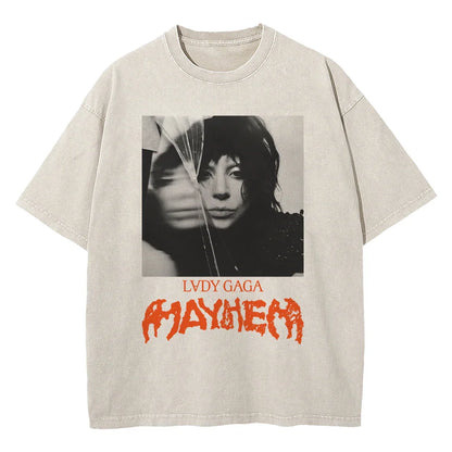 Vintage Washed Lady Gaga The Mayhem Ball Tour 2025 T Shirt Fashion Men/Women Aesthetic High Quality Acid Wash 100% Cotton Tees