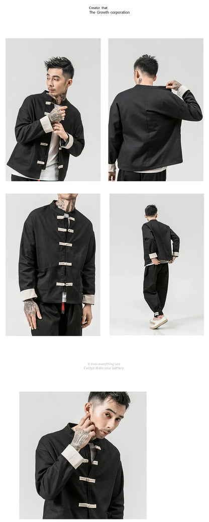 Kung Fu Coat Man Chinese Traditional Retro Autmn Long Sleeve Tang Suit Mandarin Collar Buckle Jacket Men Oriental Cotton Shirt
